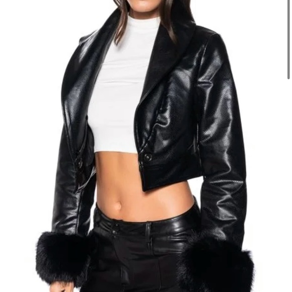 Faux Fur Crop Croc Moto Jacket in Black - Picture 2 of 7